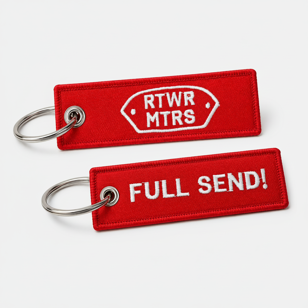 RTWR MTRS red embroidered key tag showing logo side and Full Send side