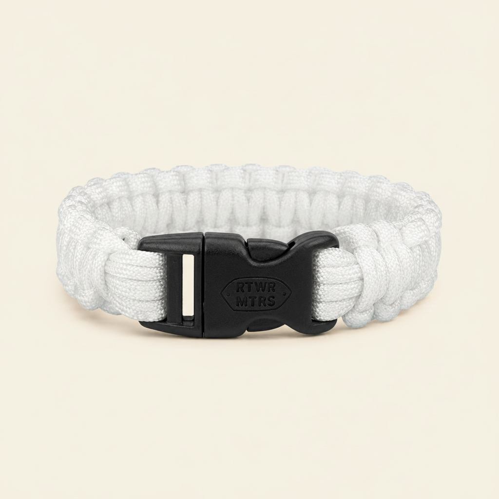 RTWR MTRS 300 LB Paracord Bracelet – white paracord with black buckle