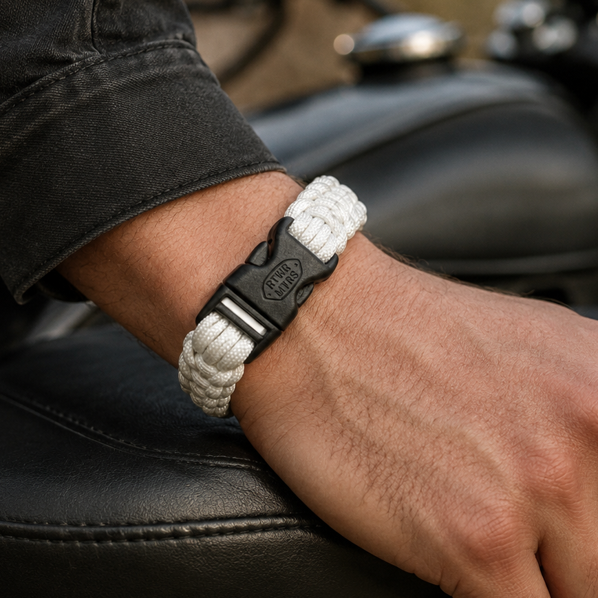 RTWR MTRS 300 LB Paracord Bracelet worn by a motorcycle rider