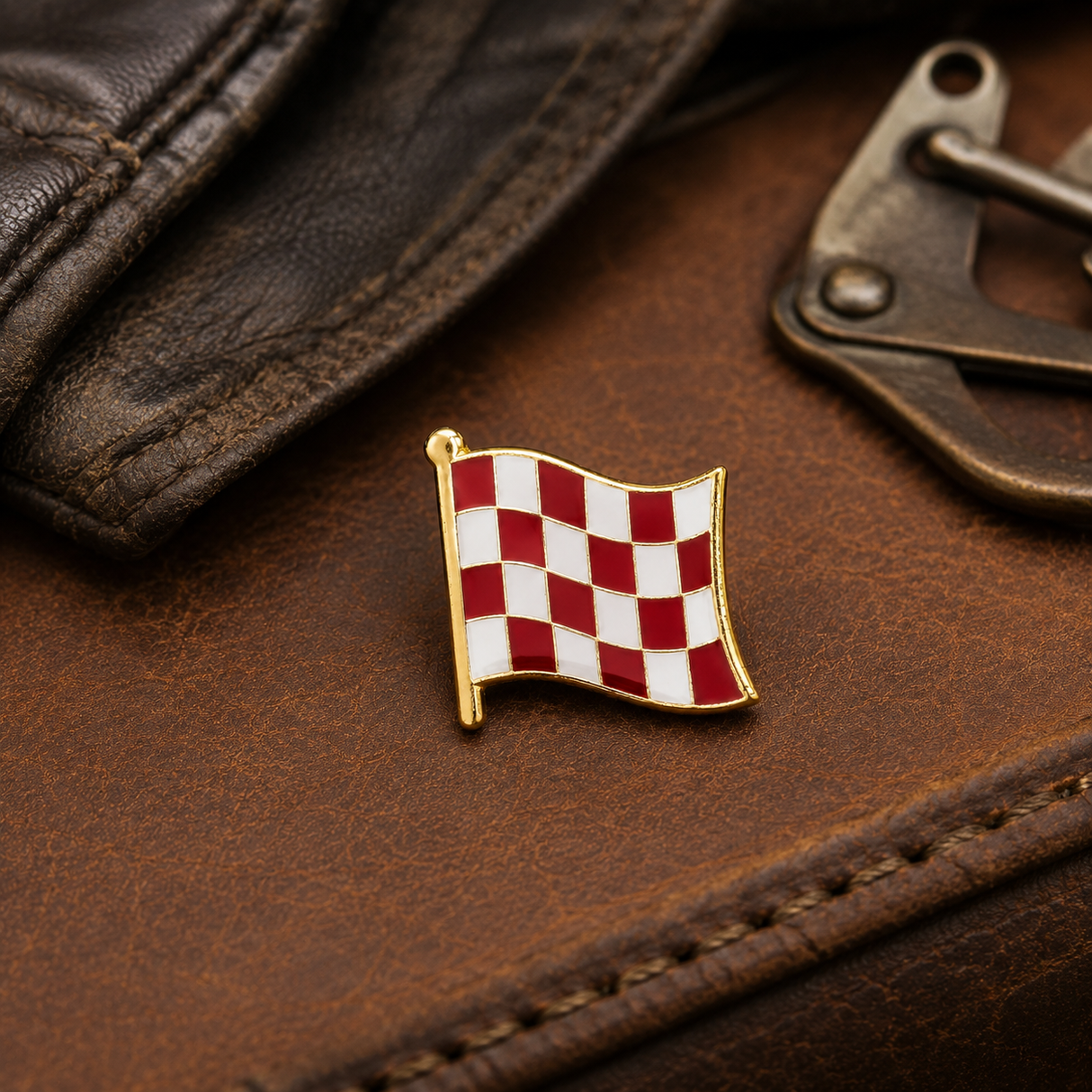 Stage One Pin on brown leather with vintage metal hardware