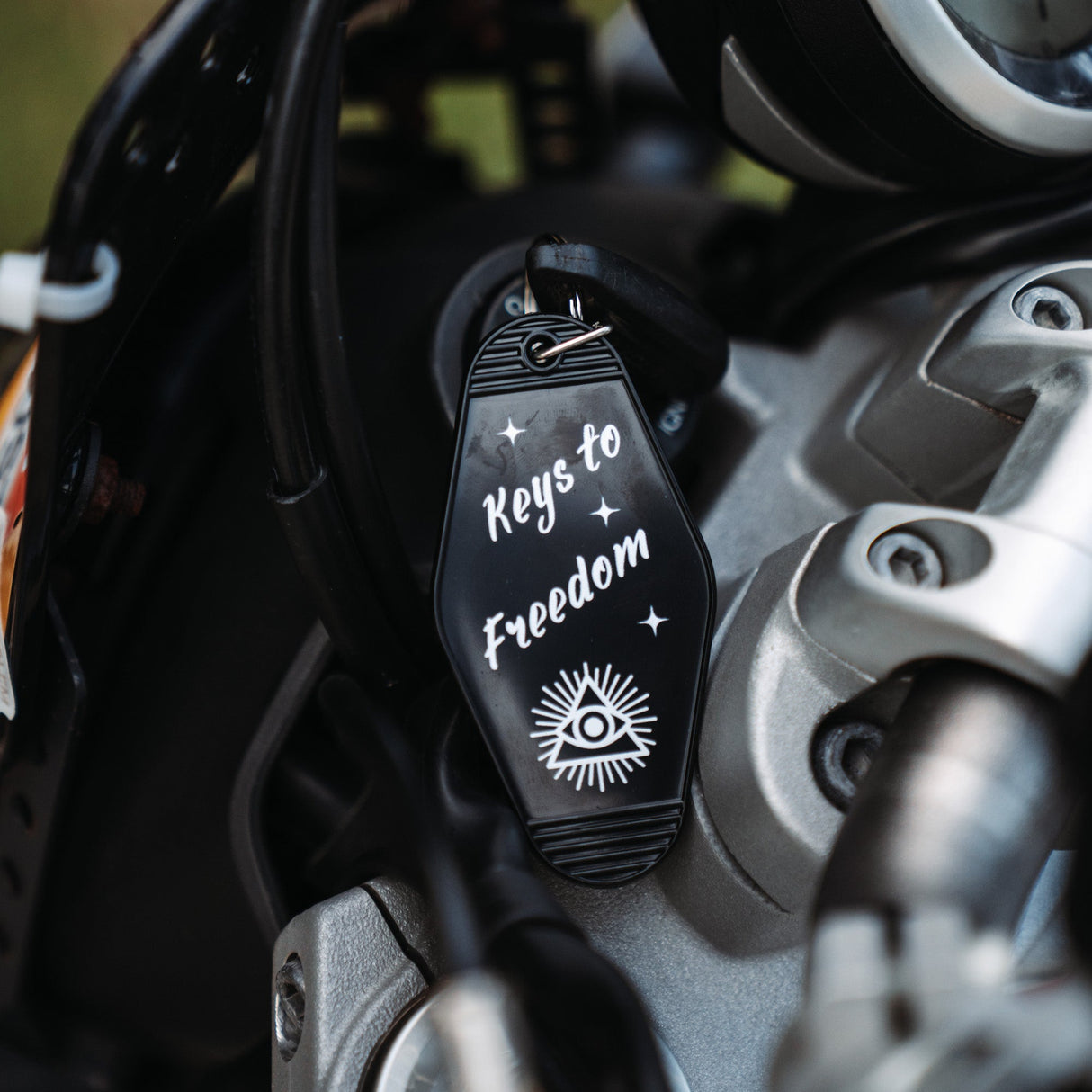 RTWR MTRS “Keys to Freedom” Keyring on Motorcycle