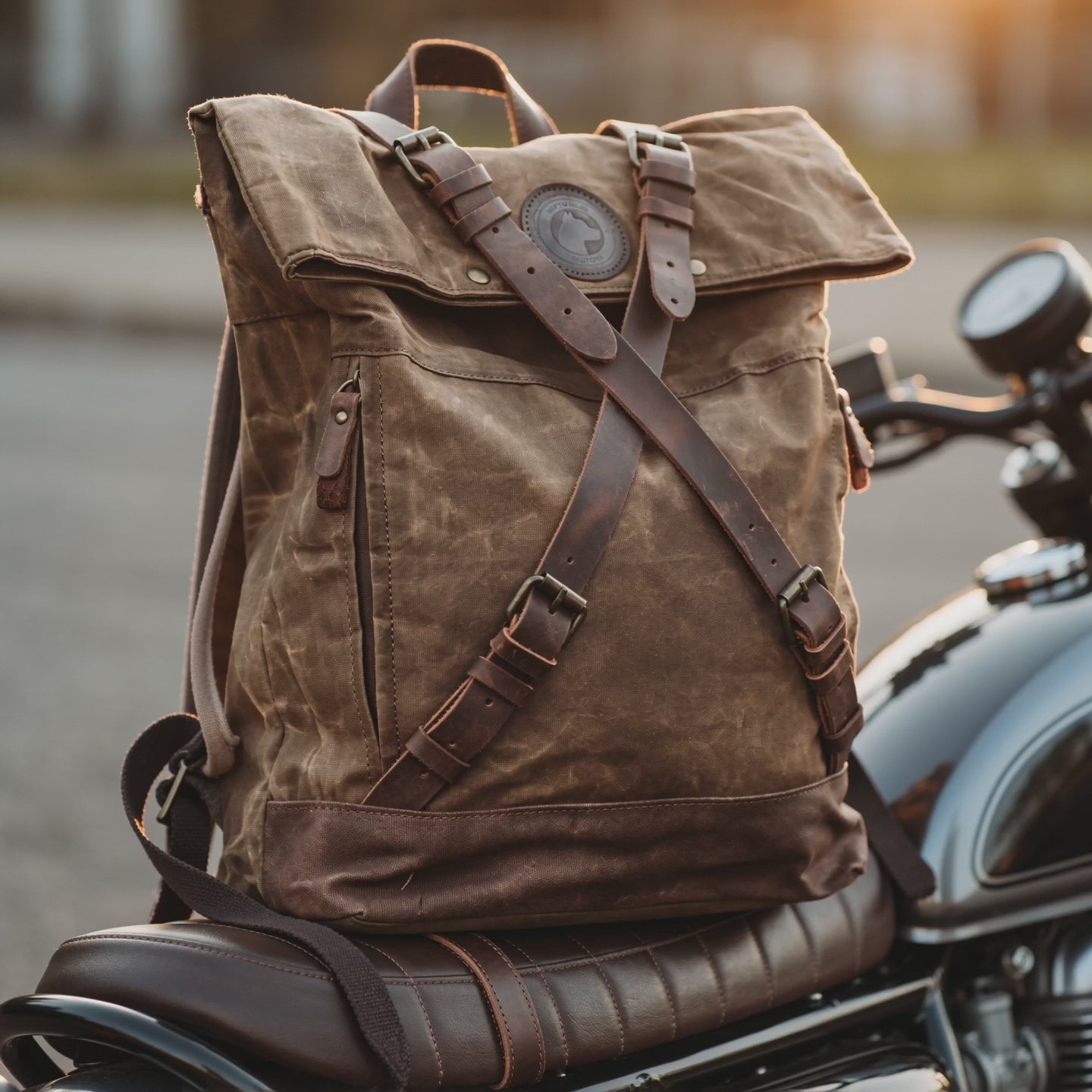 RTWR MTRS Nomad Vintage Backpack on a vintage scrambler