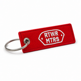 RTWR MTRS Full Send red embroidered key tag, angled product view