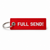 Red embroidered motorcycle key tag with Full Send text, back view