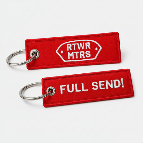 RTWR MTRS red embroidered key tag showing logo side and Full Send side