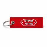Red RTWR MTRS Full Send embroidered motorcycle key tag, front view