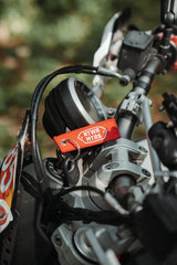 Rottweiler Motors Full Send woven keychain on motorcycle, logo side