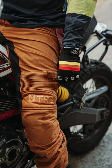 Rottweiler Motors riding glove and riding pants lifestyle detail