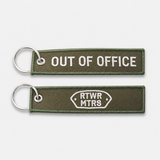 RTWR MTRS Out of Office woven keychain on neutral background, front and logo side