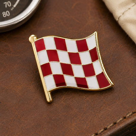 Stage One Pin on brown leather with vintage motorcycle details